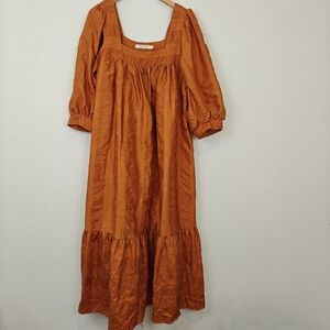 Christy Dawn Orange Sheen Puff Sleeve Square Neck Boho Maxi Ruffle Dress Size LG